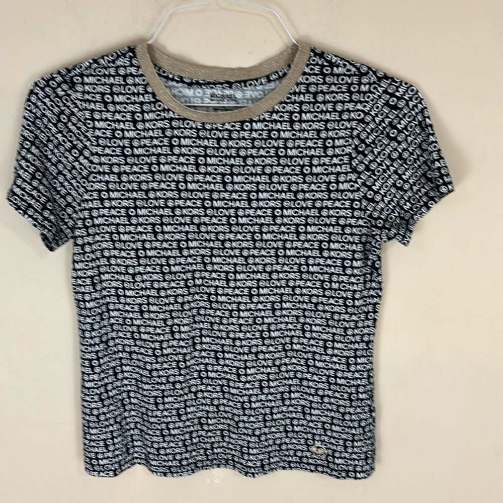 Michael Michael Kors Navy and White Spell Out Tee T-shirt with Gold Neck Small